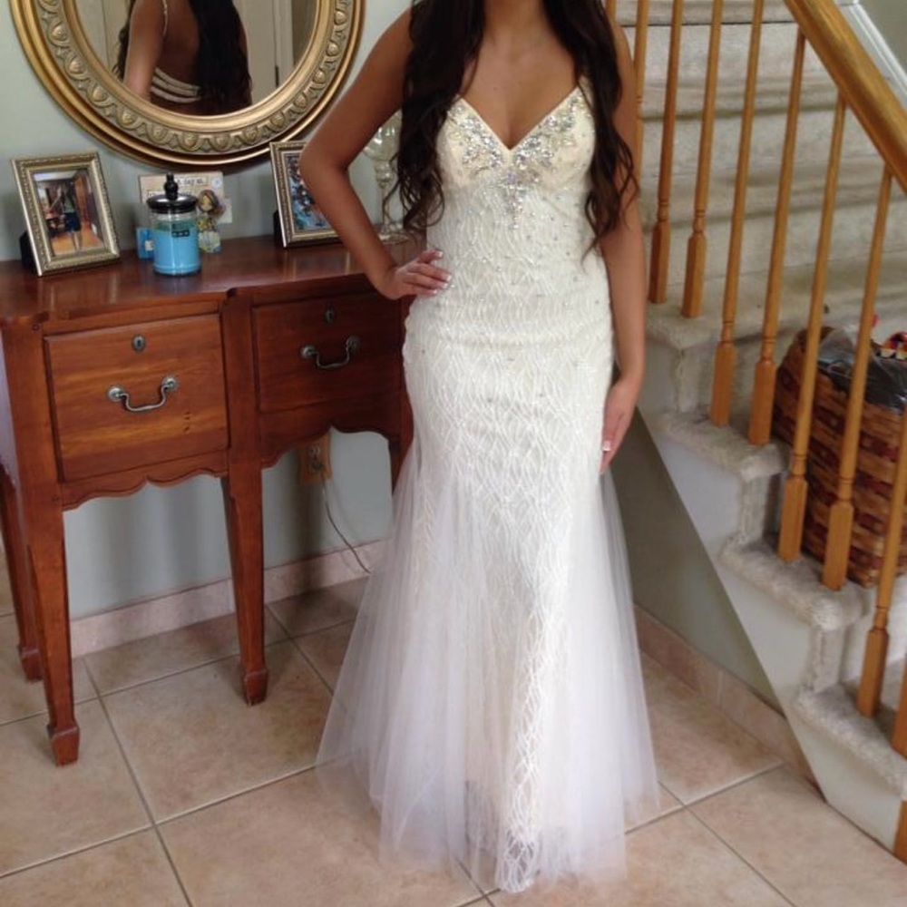 Camille La Vie Cream Embellished Prom Dress
